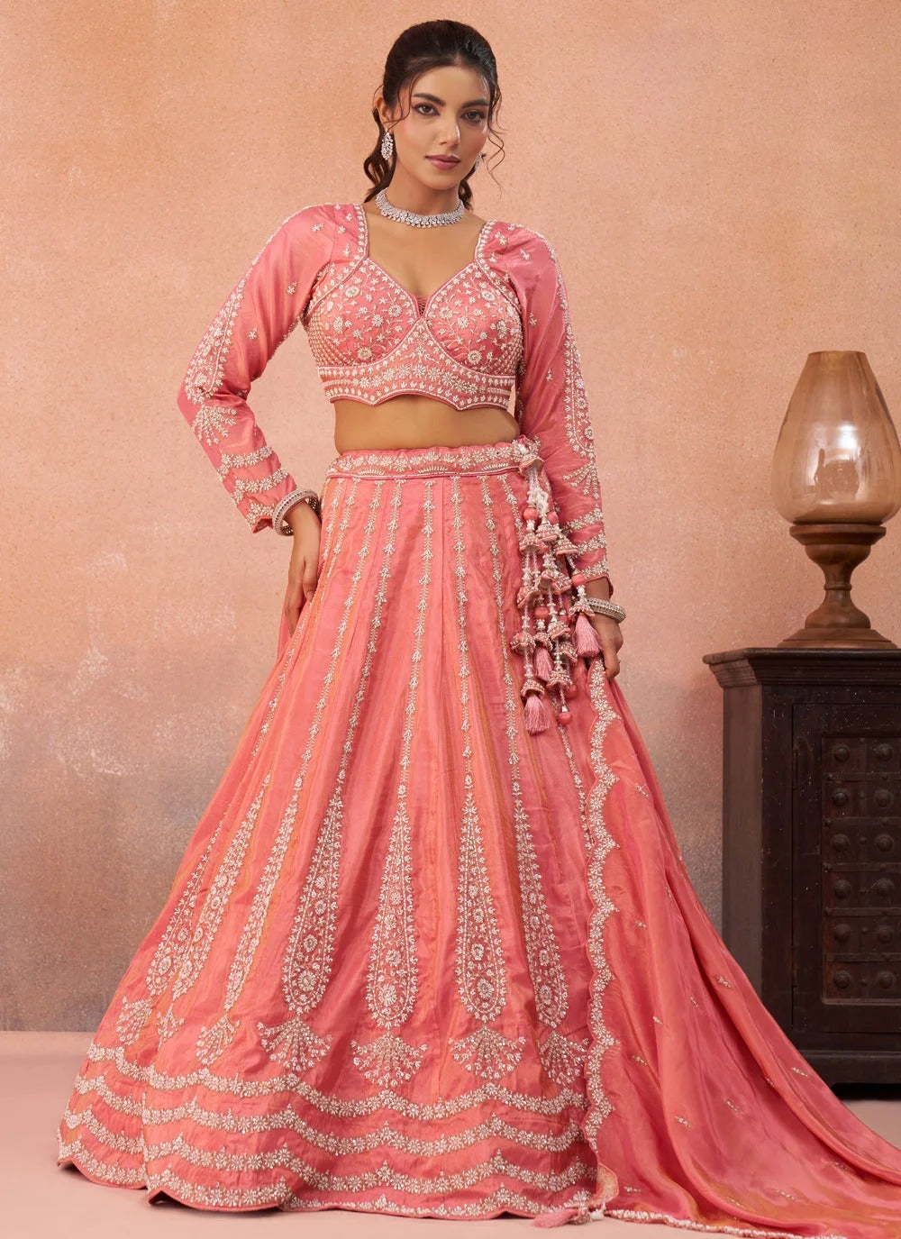 Peach floral embroidered tissue lehenga for wedding celebrations