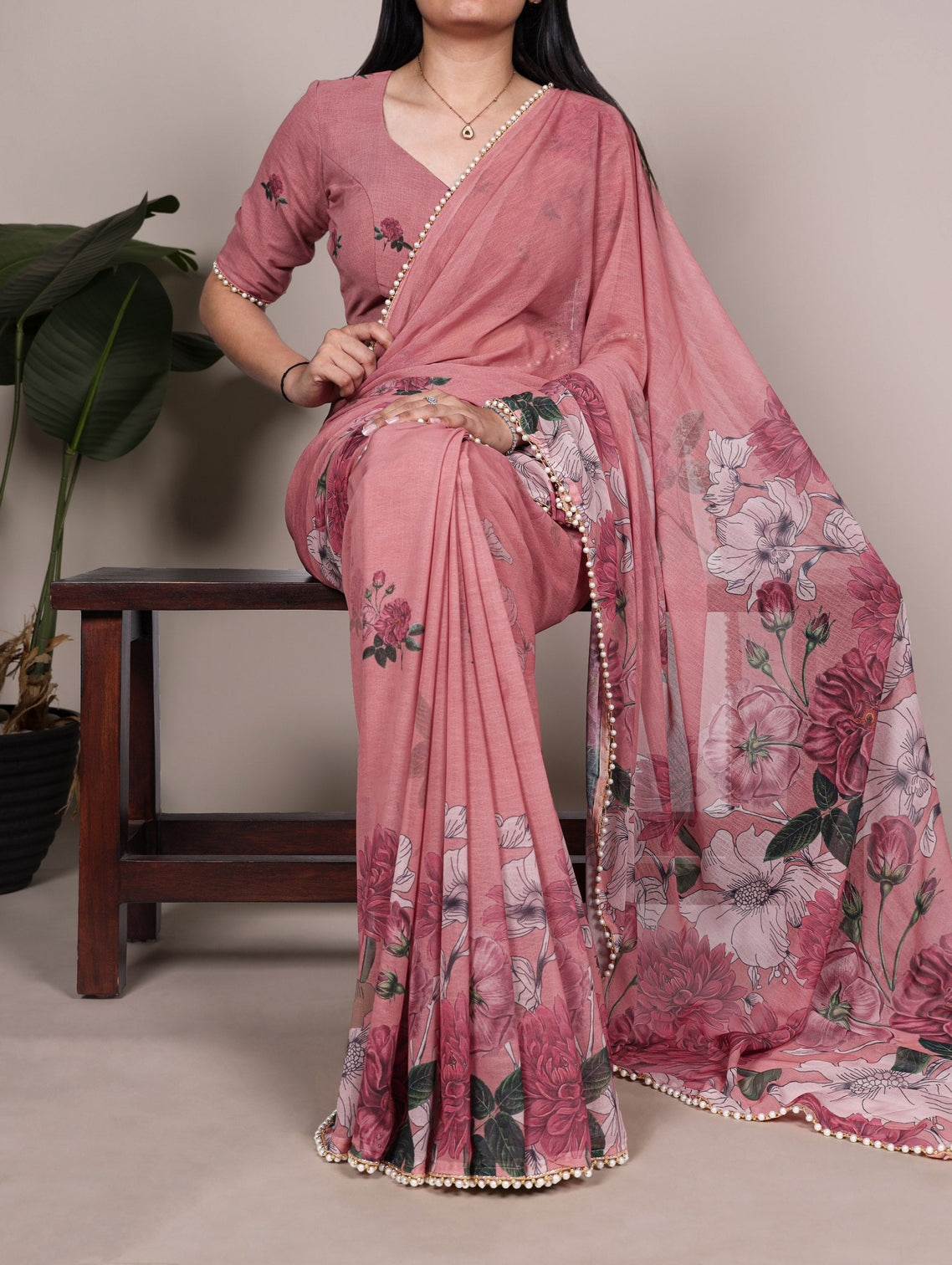 Peach Floral Printed Pearl Lace Saree