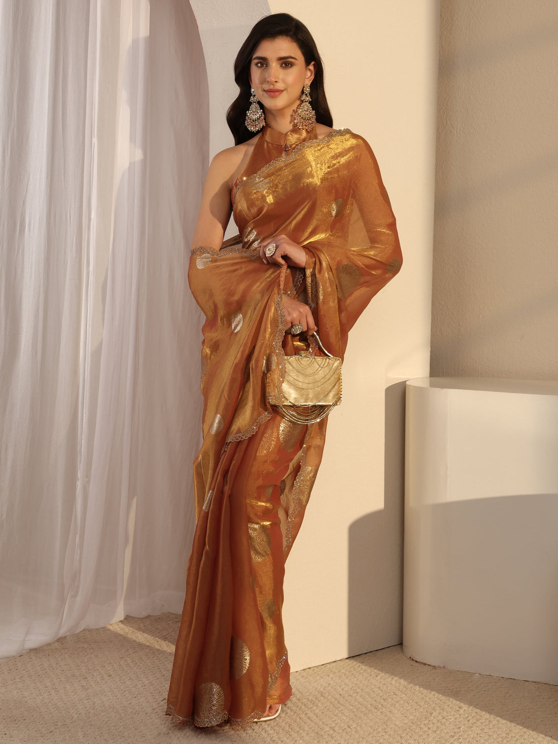 Mameraa Peach Foil Printed Tissue Saree With Unstitched Blouse Piece