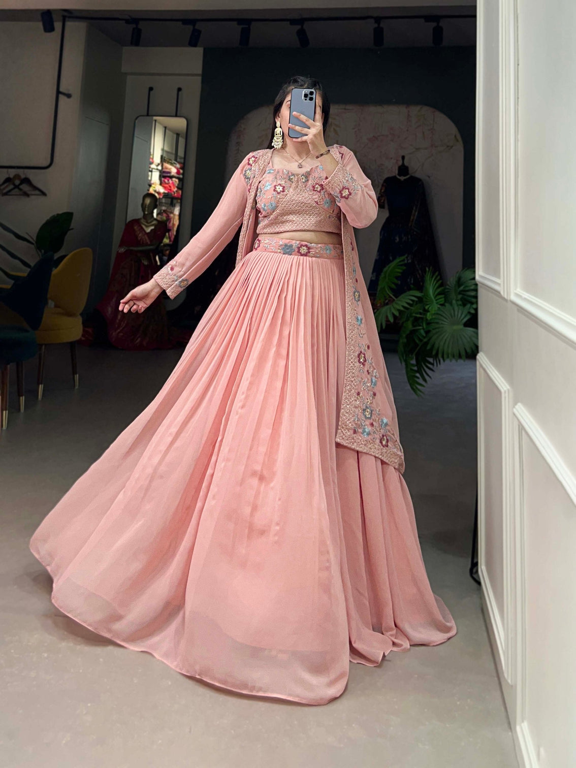 Shimmering Peach Georgette Indo-Western Lehenga Set with Sequinned Choli and Koti