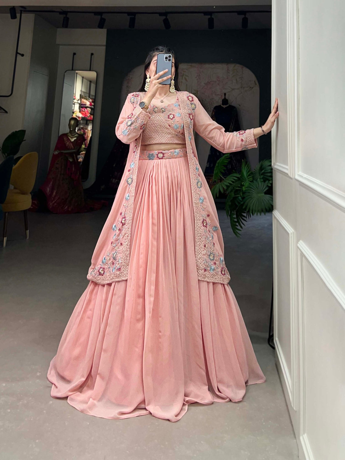 Shimmering Peach Georgette Indo-Western Lehenga Set with Sequinned Choli and Koti