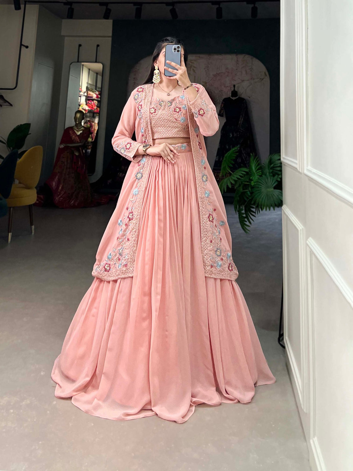 Shimmering Peach Georgette Indo-Western Lehenga Set with Sequinned Choli and Koti