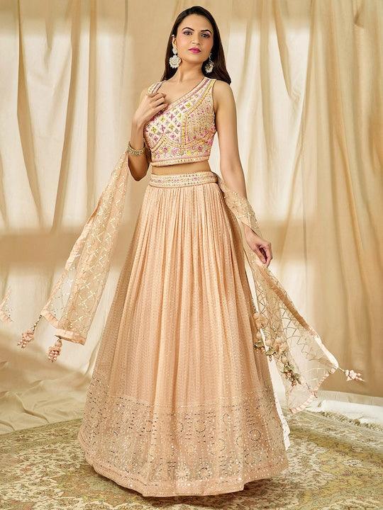 Peach Georgette Sequins Work Pleated Lehenga choli