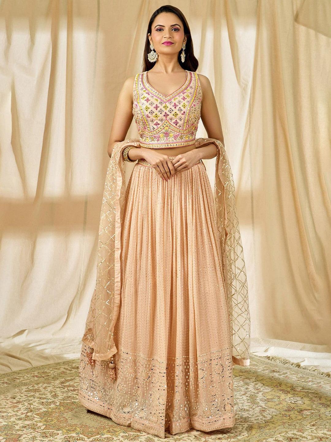 Peach Georgette Sequins Work Pleated Lehenga choli