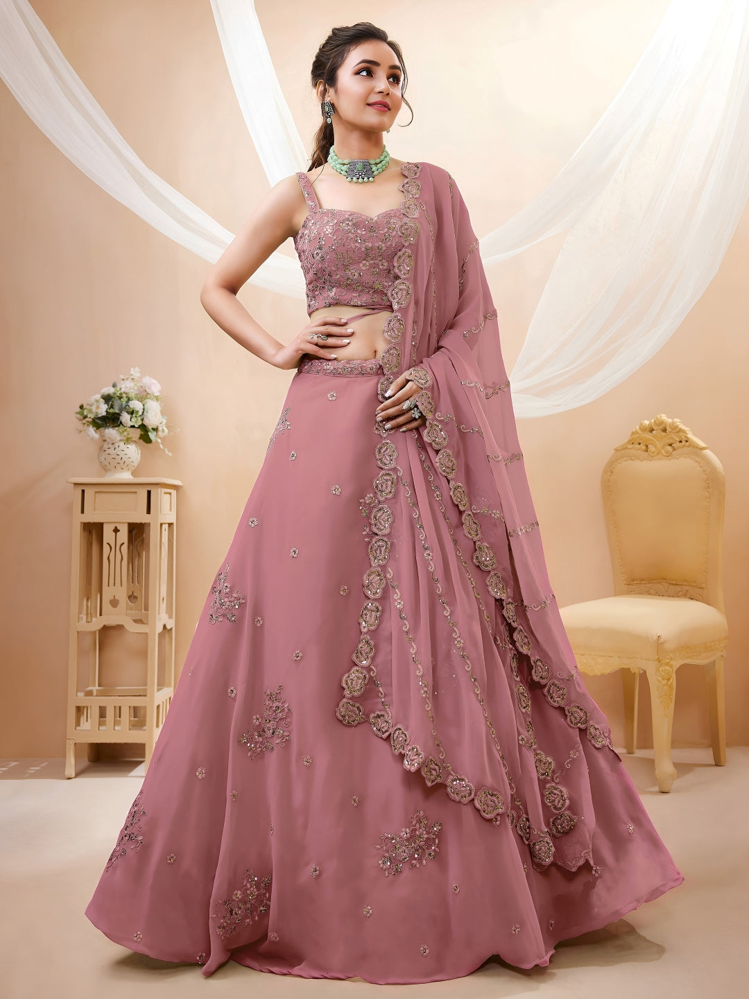 Georgette Zari, Sequin & Dori Embroidered Semi-Stitched Lehenga Choli