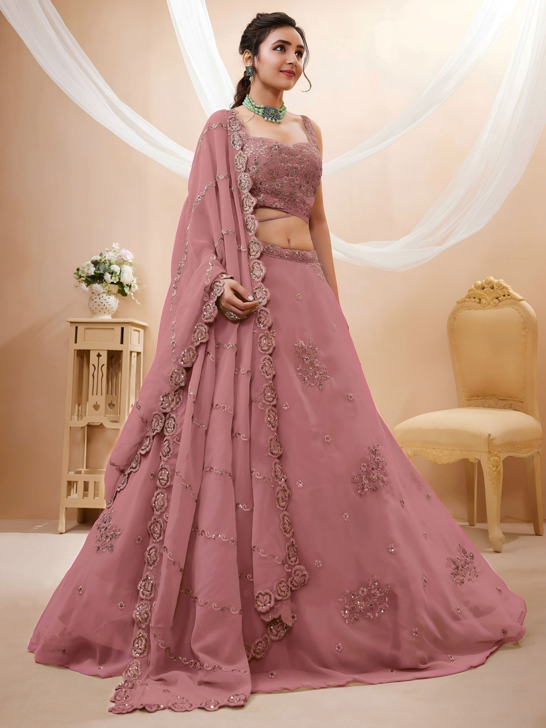 Georgette Zari, Sequin & Dori Embroidered Semi-Stitched Lehenga Choli