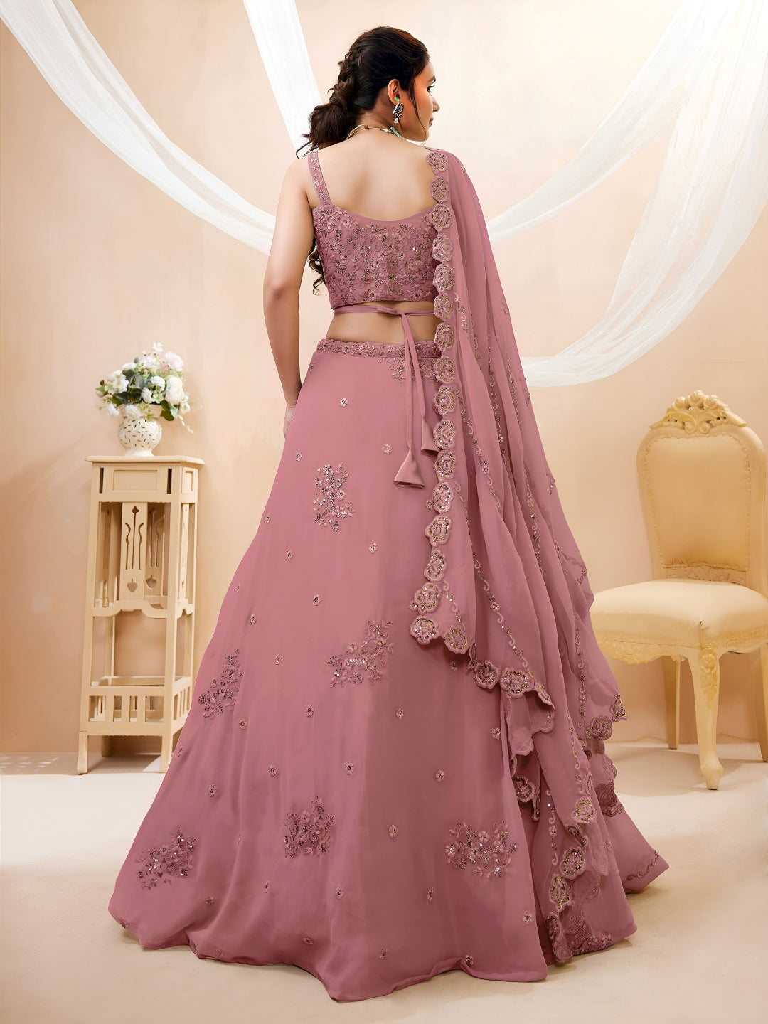 Georgette Zari, Sequin & Dori Embroidered Semi-Stitched Lehenga Choli