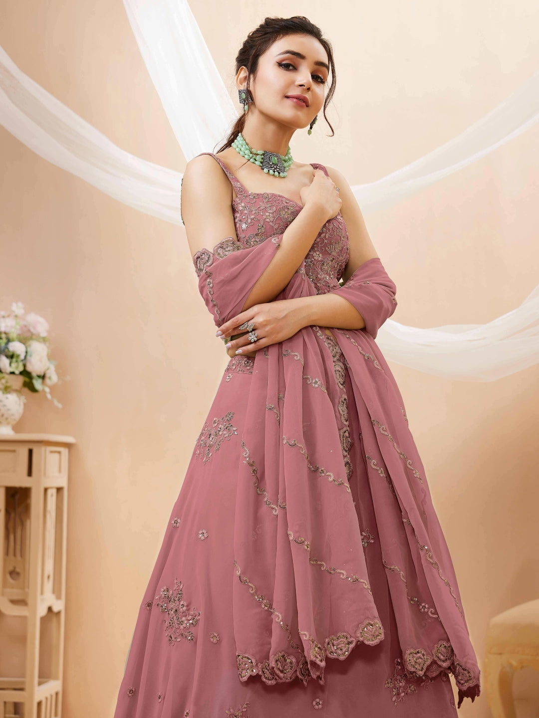 Georgette Zari, Sequin & Dori Embroidered Semi-Stitched Lehenga Choli