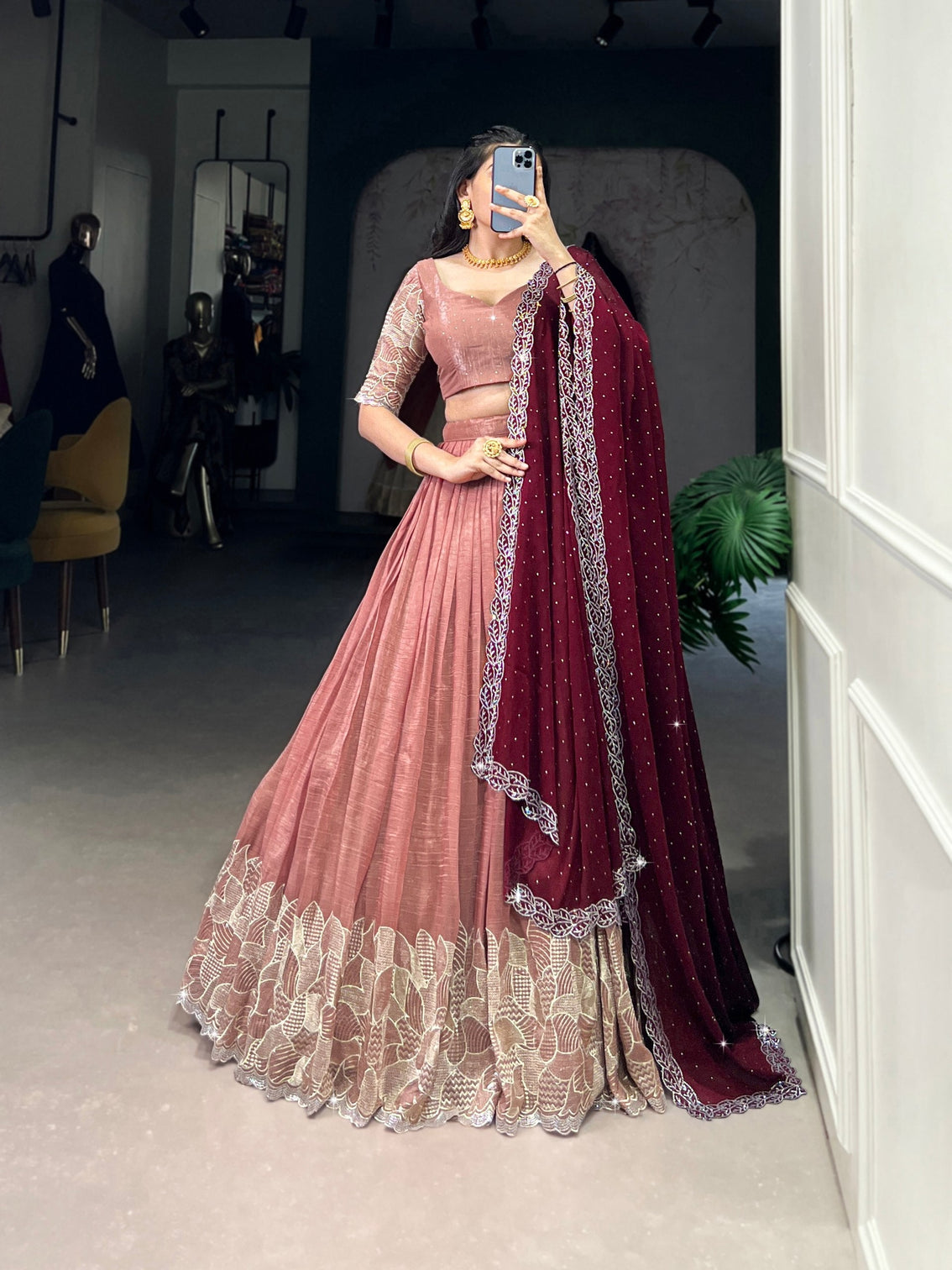 Peach Glamorous Silver Glossy Embroidered Lehenga Set with Hotfix Detailing