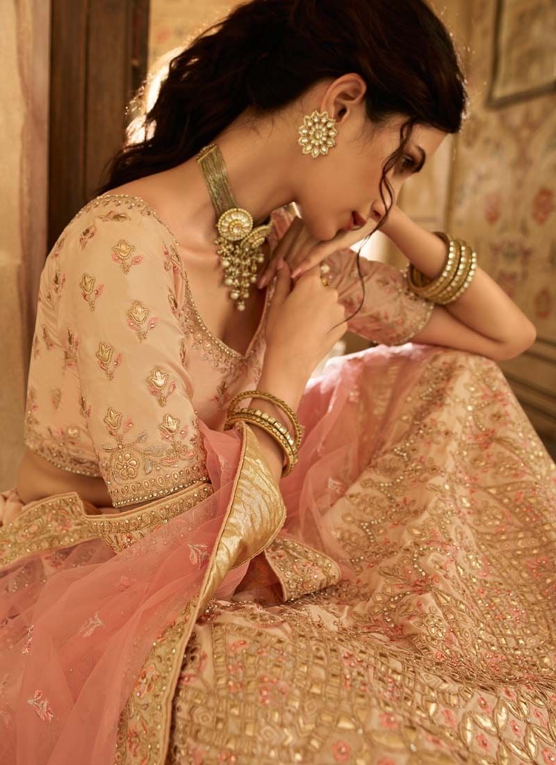Peach Gota And Stone Work Crepe Lehenga