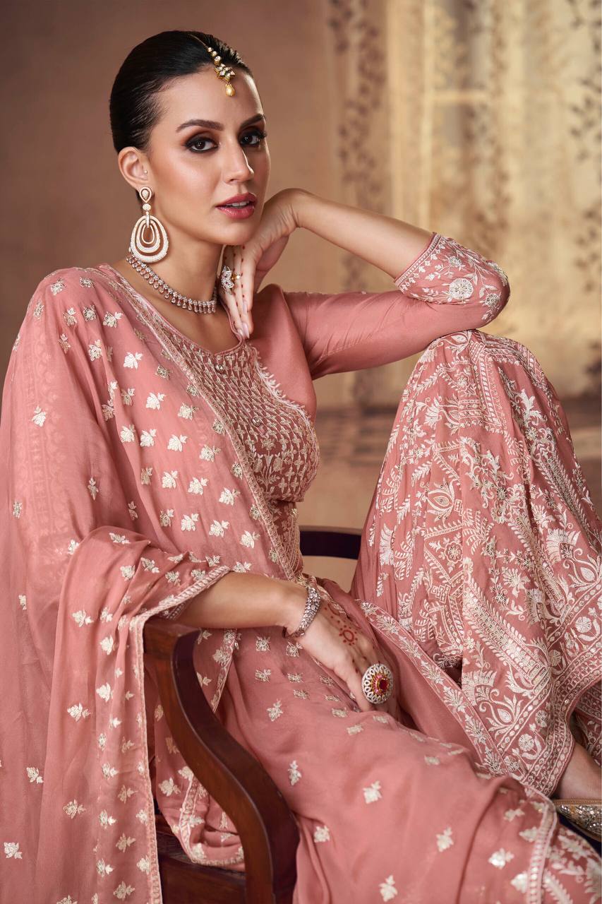 Peach Graceful Chinon Embroidered Plazo Suit Set with Dupatta