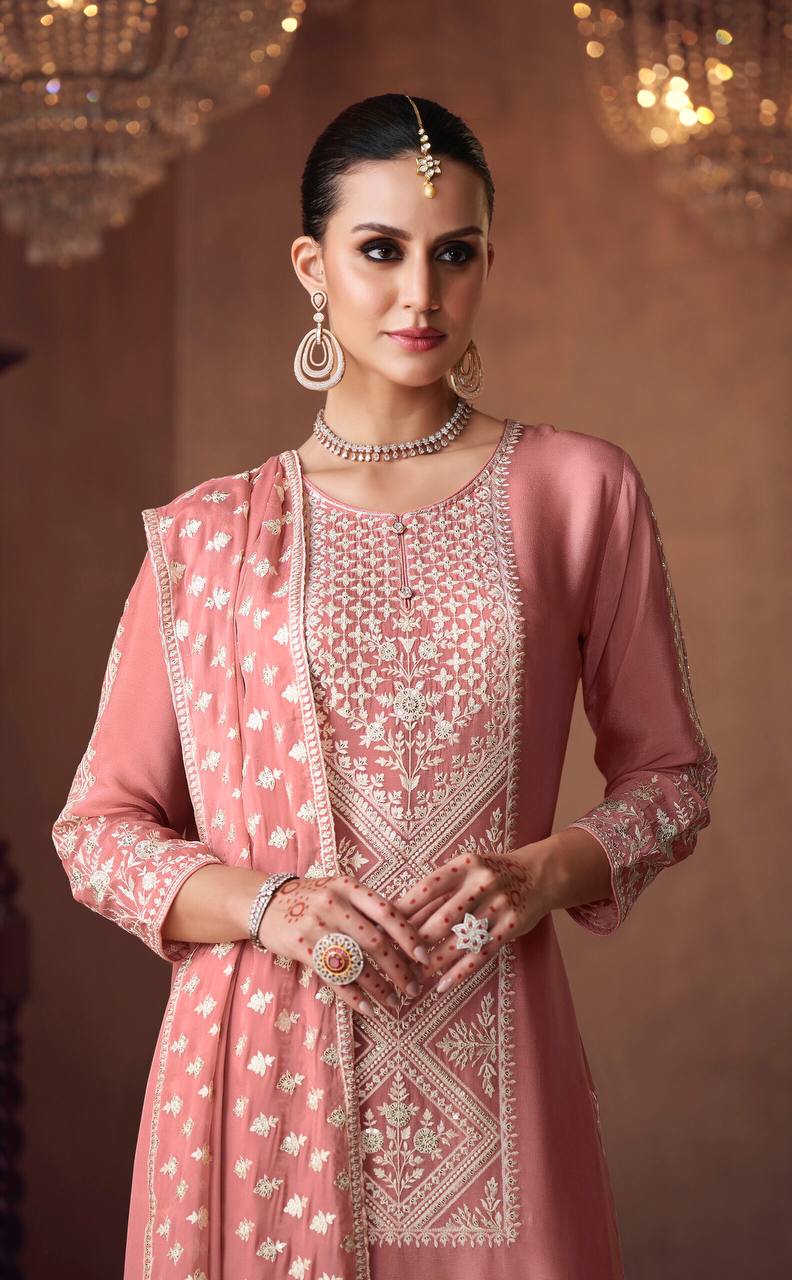 Peach Graceful Chinon Embroidered Plazo Suit Set with Dupatta