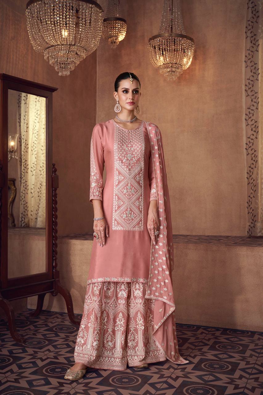 Peach Graceful Chinon Embroidered Plazo Suit Set with Dupatta