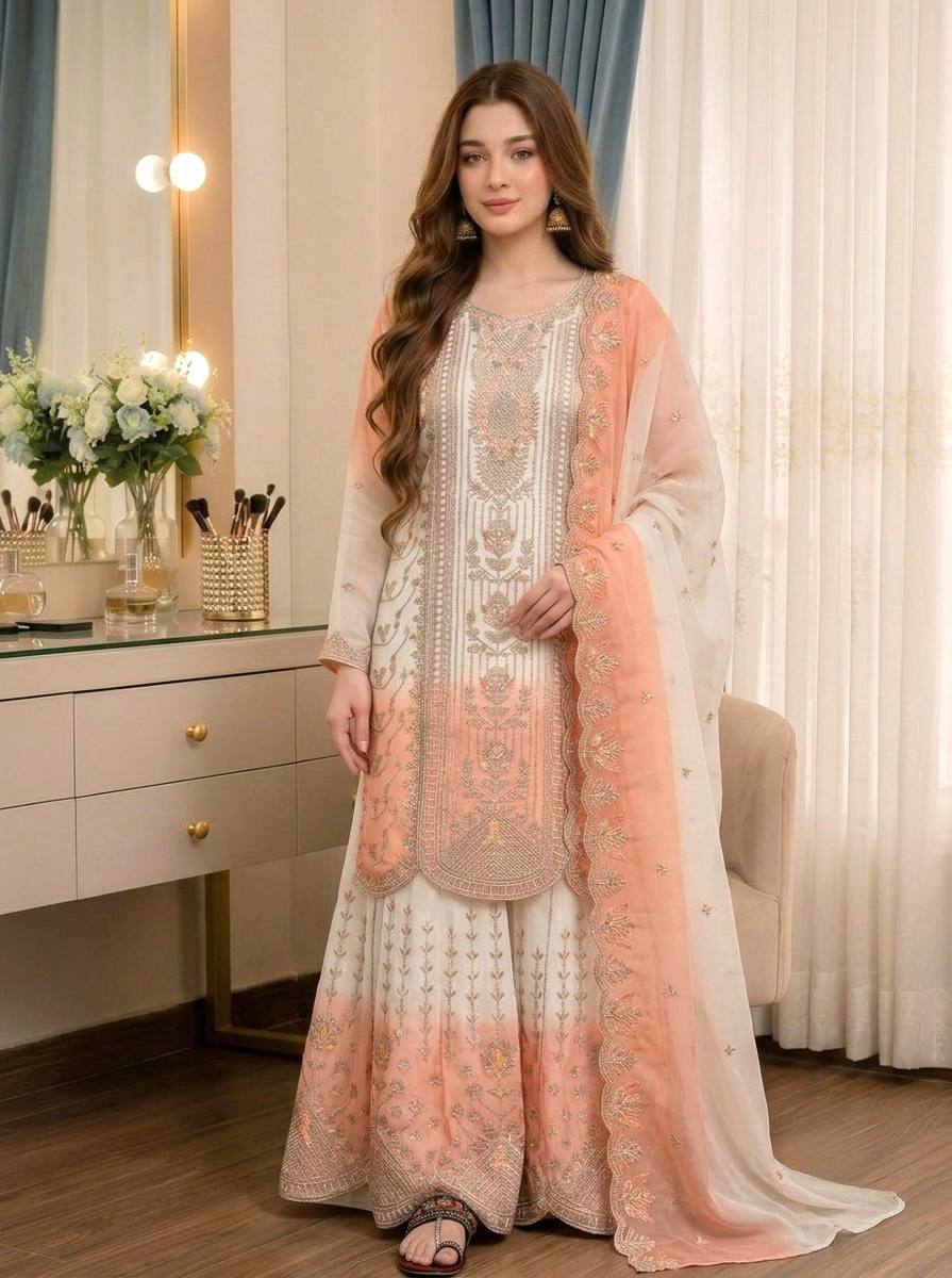 Peach Heavy Embroidered Palazzo Suit Set
