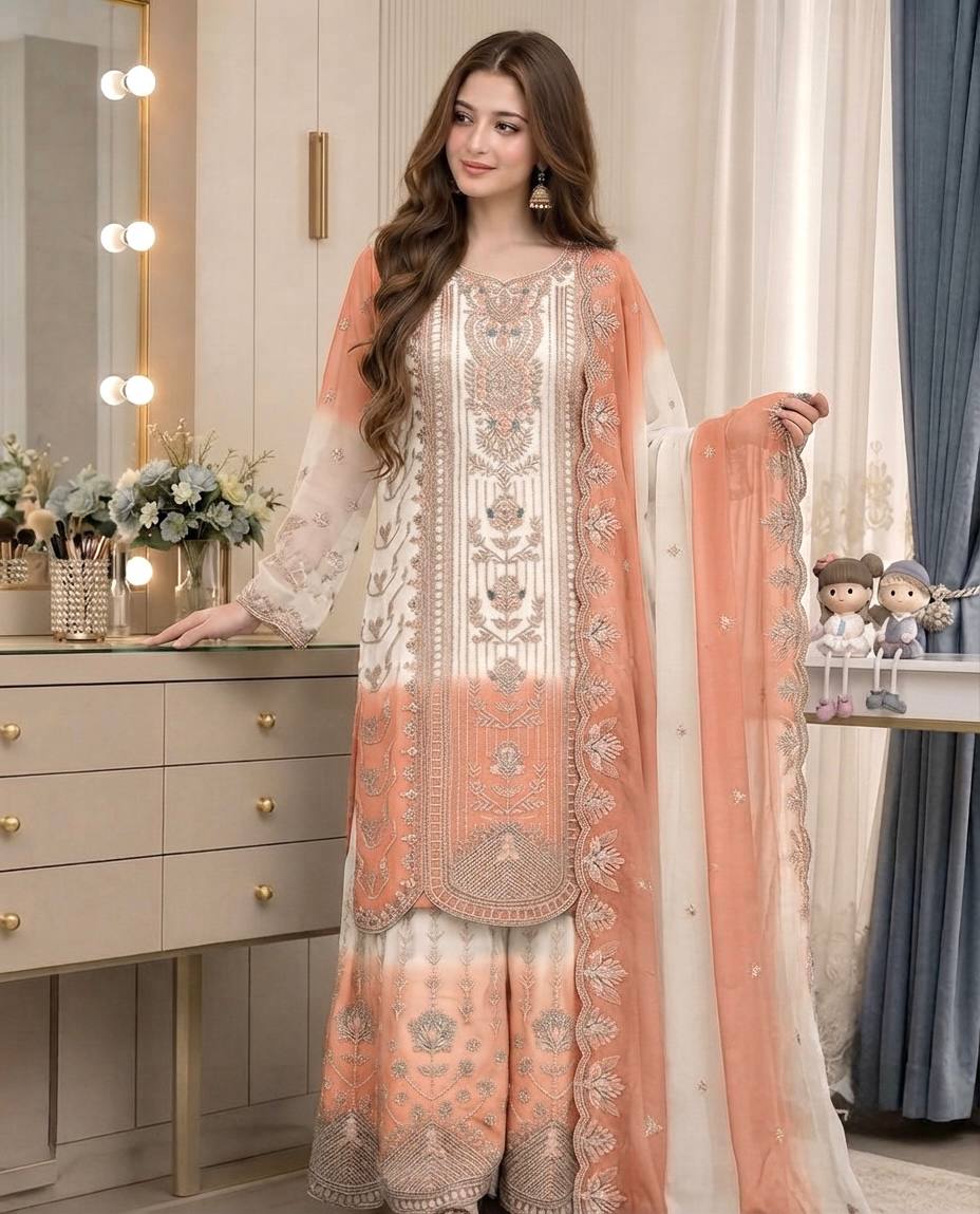 Peach Heavy Embroidered Palazzo Suit Set