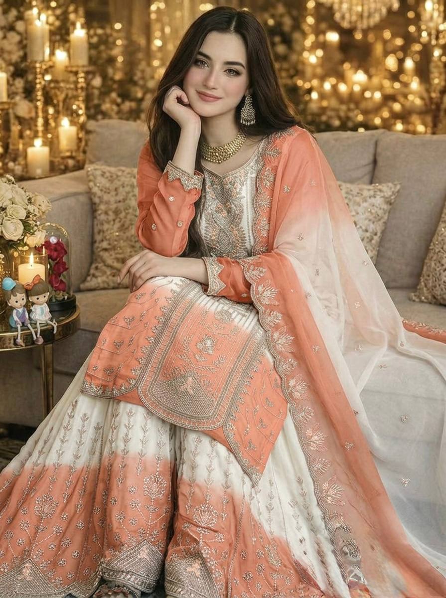 Peach Heavy Embroidered Palazzo Suit Set