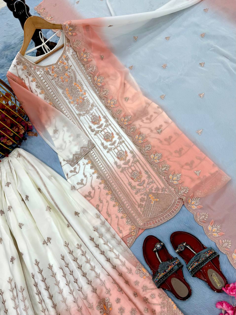 Peach Heavy Embroidered Palazzo Suit Set