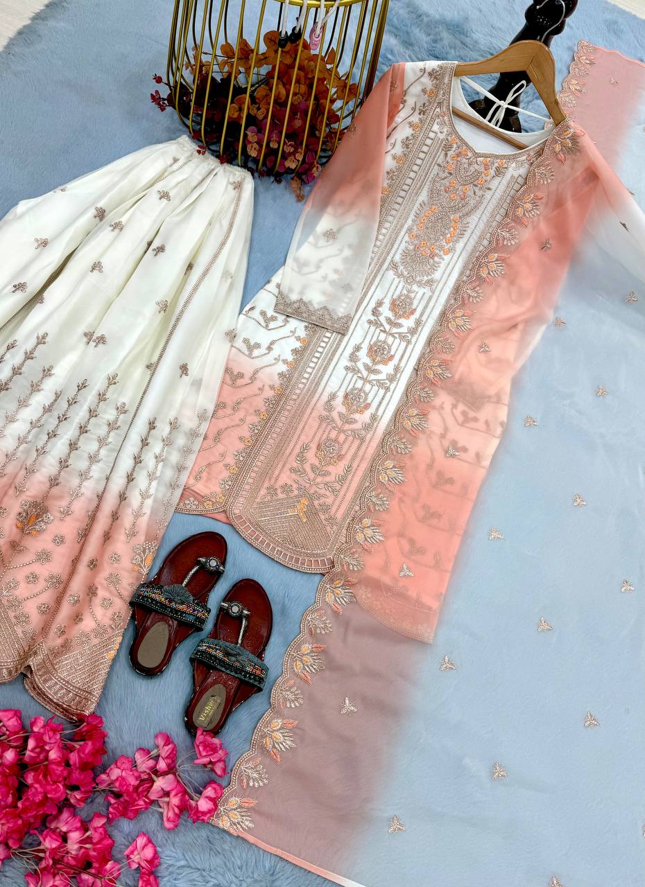 Peach Heavy Embroidered Palazzo Suit Set