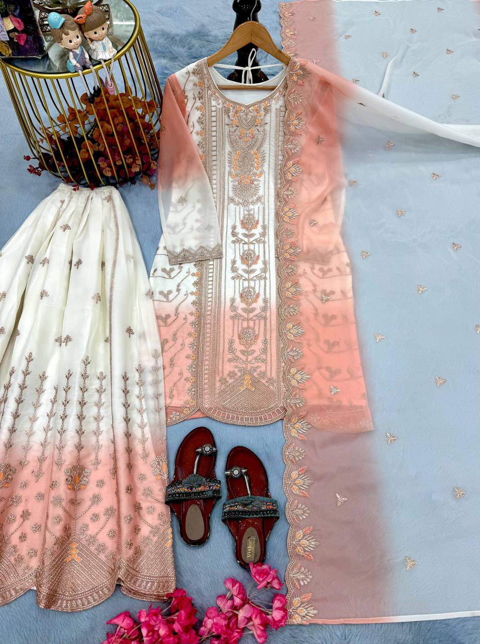 Peach Heavy Embroidered Palazzo Suit Set