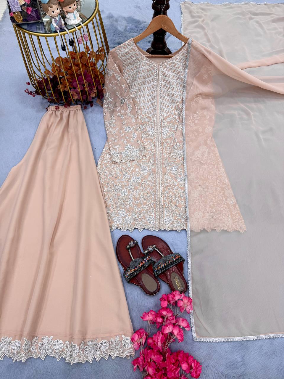 Peach Heavy Sequence Work Palazzo Suit