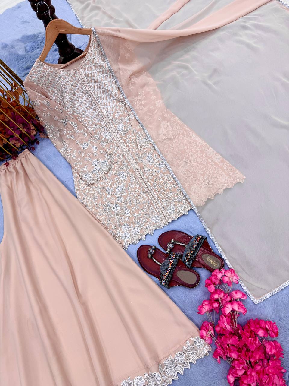 Peach Heavy Sequence Work Palazzo Suit