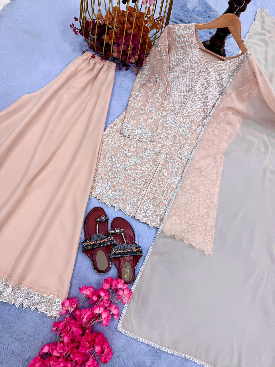 Peach Heavy Sequence Work Palazzo Suit