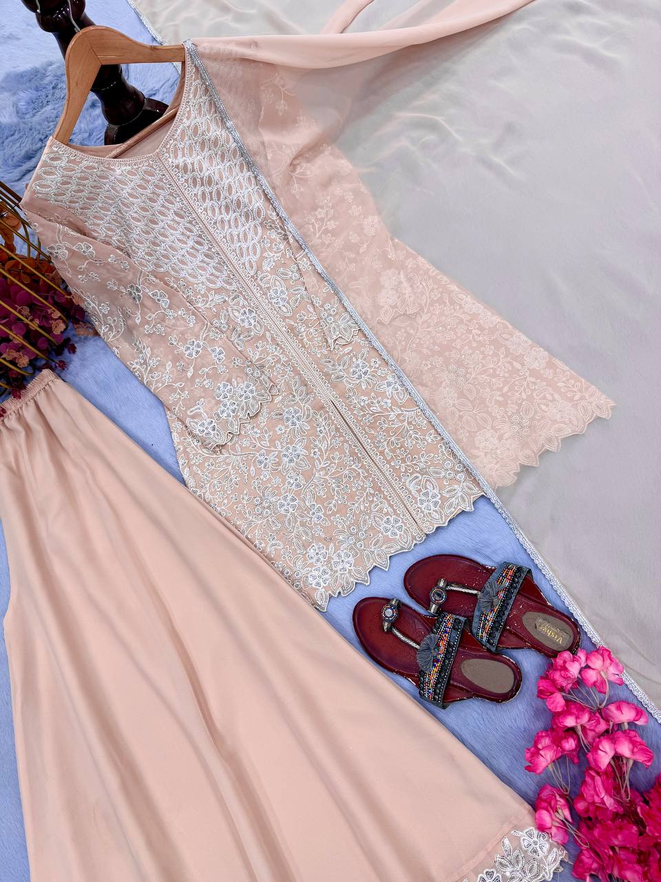 Peach Heavy Sequence Work Palazzo Suit