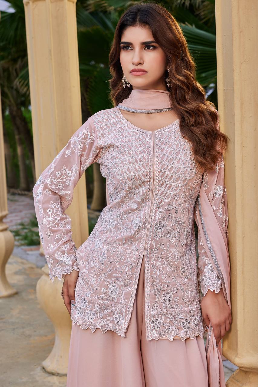Peach Heavy Sequence Work Palazzo Suit