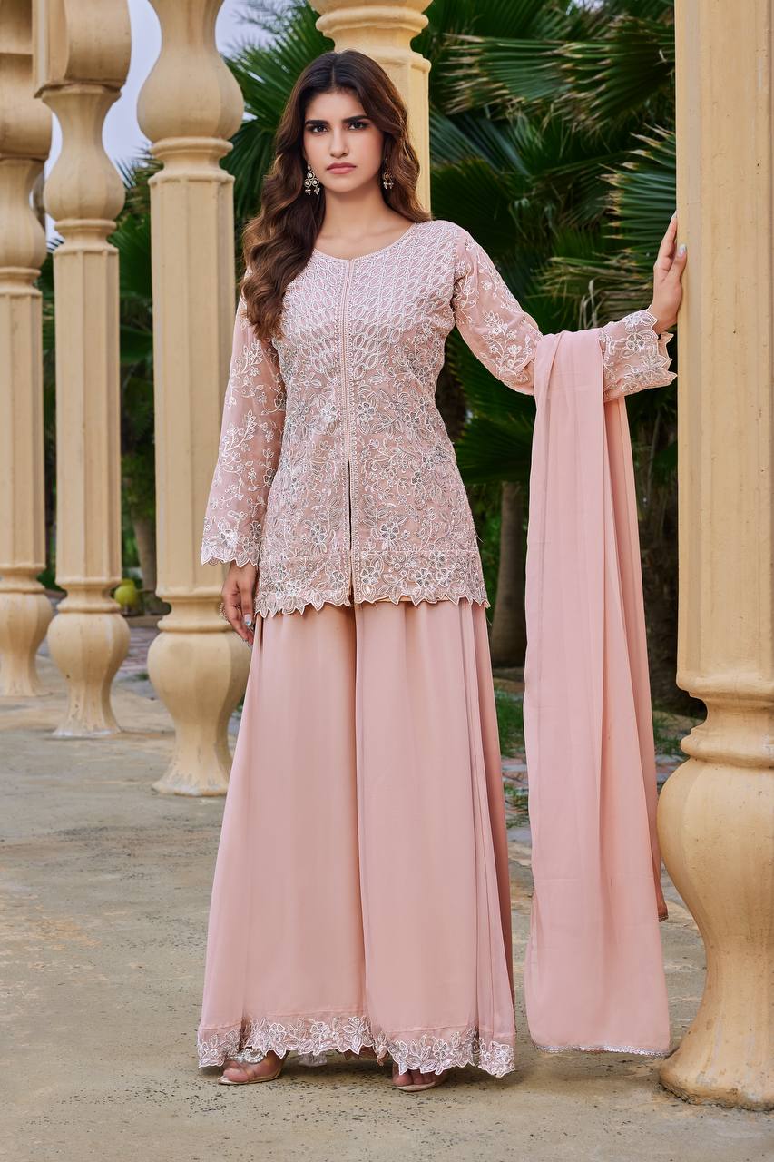 Peach Heavy Sequence Work Palazzo Suit