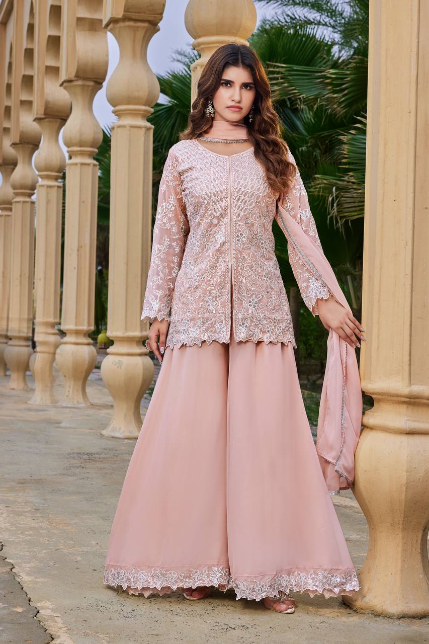 Peach Heavy Sequence Work Palazzo Suit