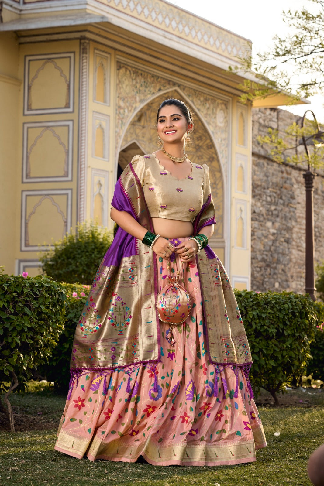 Peach Jacquard Silk Paithani Lehenga Choli