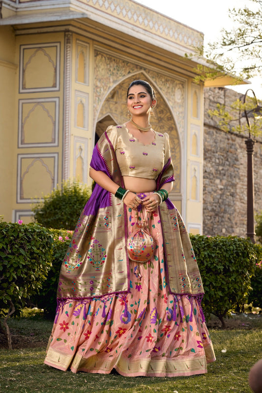 Peach Jacquard Silk Paithani Lehenga Choli