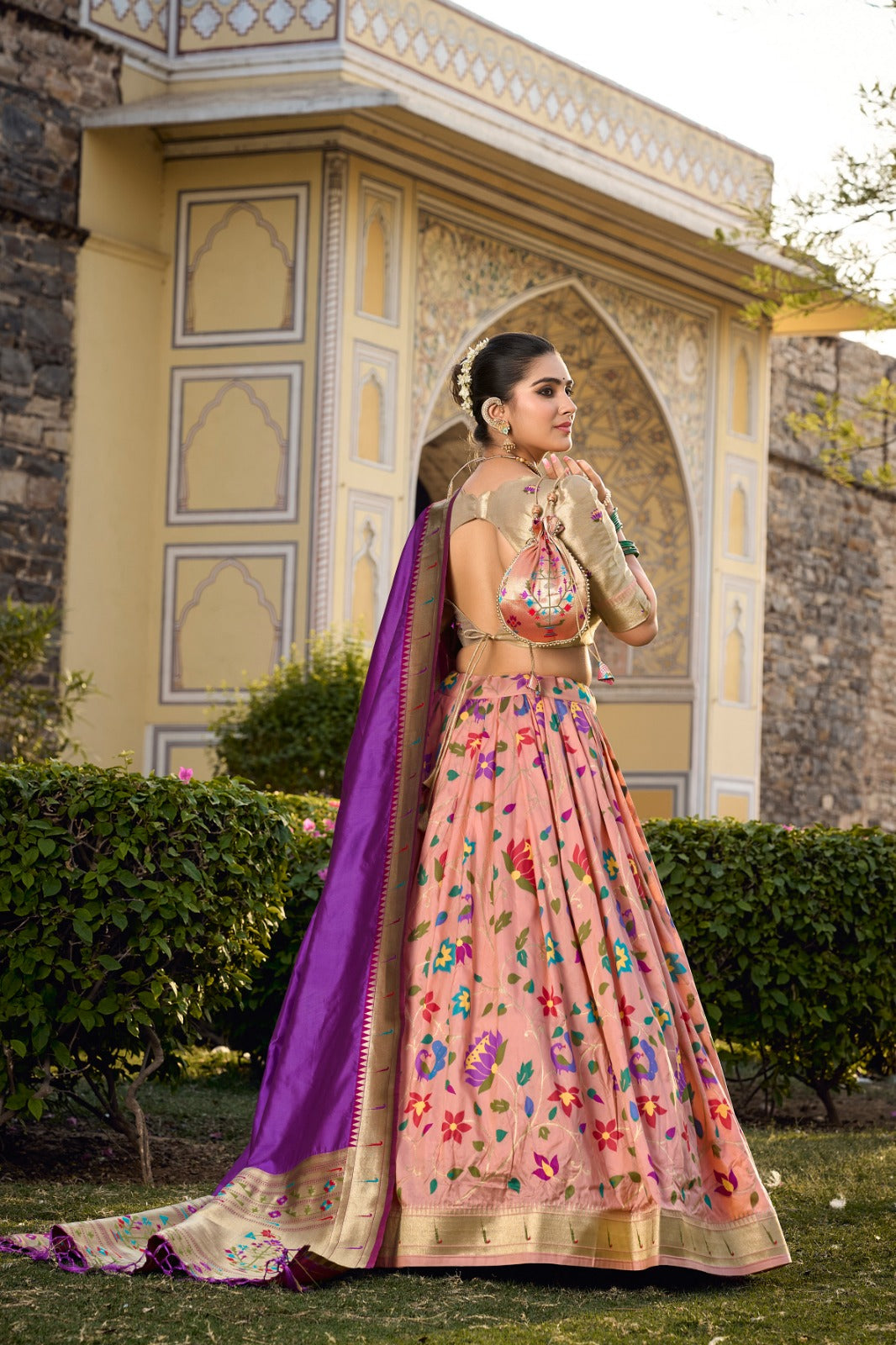 Peach Jacquard Silk Paithani Lehenga Choli