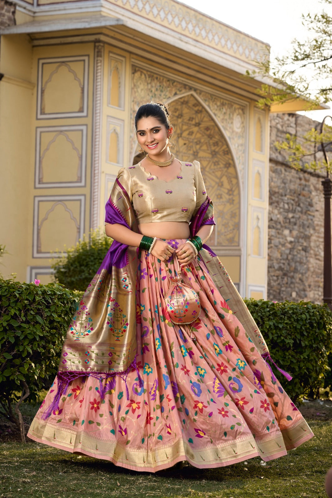 Peach Jacquard Silk Paithani Lehenga Choli