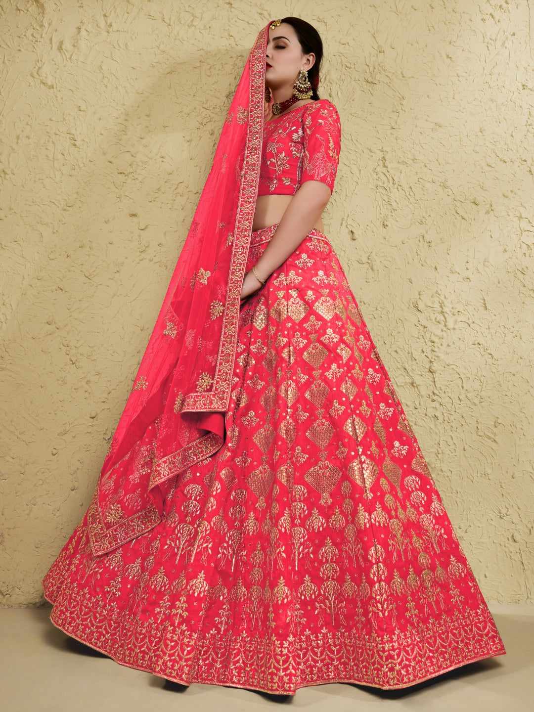 Peach Art Silk Lehenga Choli with Zari & Sequin Embroidery