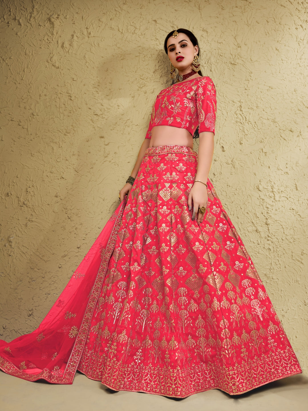 Peach Art Silk Lehenga Choli with Zari & Sequin Embroidery