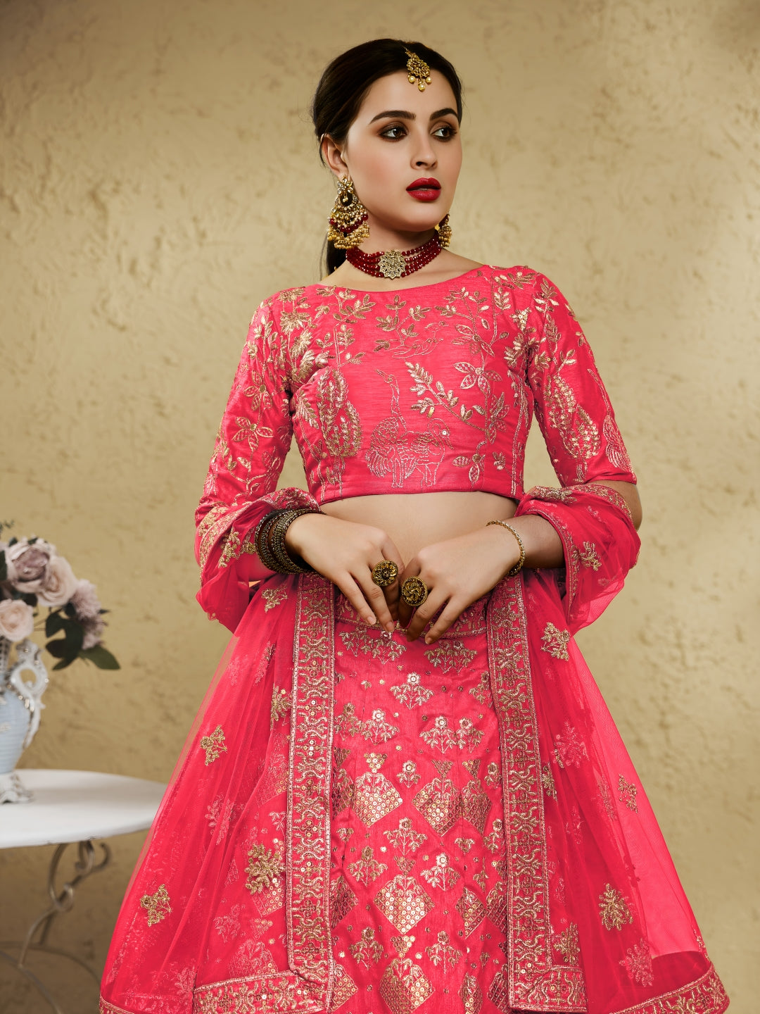 Peach Art Silk Lehenga Choli with Zari & Sequin Embroidery
