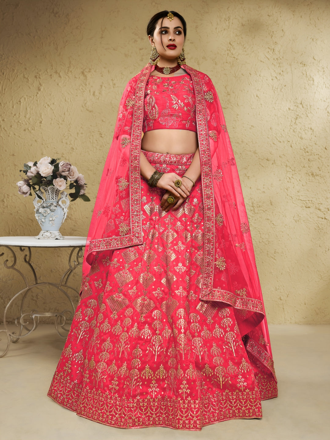 Peach Art Silk Lehenga Choli with Zari & Sequin Embroidery