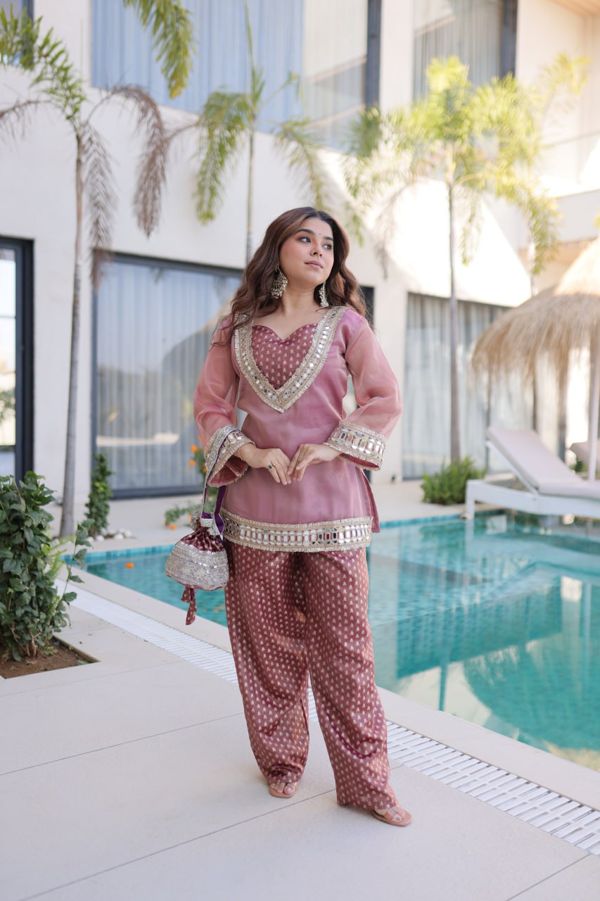 Peach Mirror Work Top Pant Set with Batwa