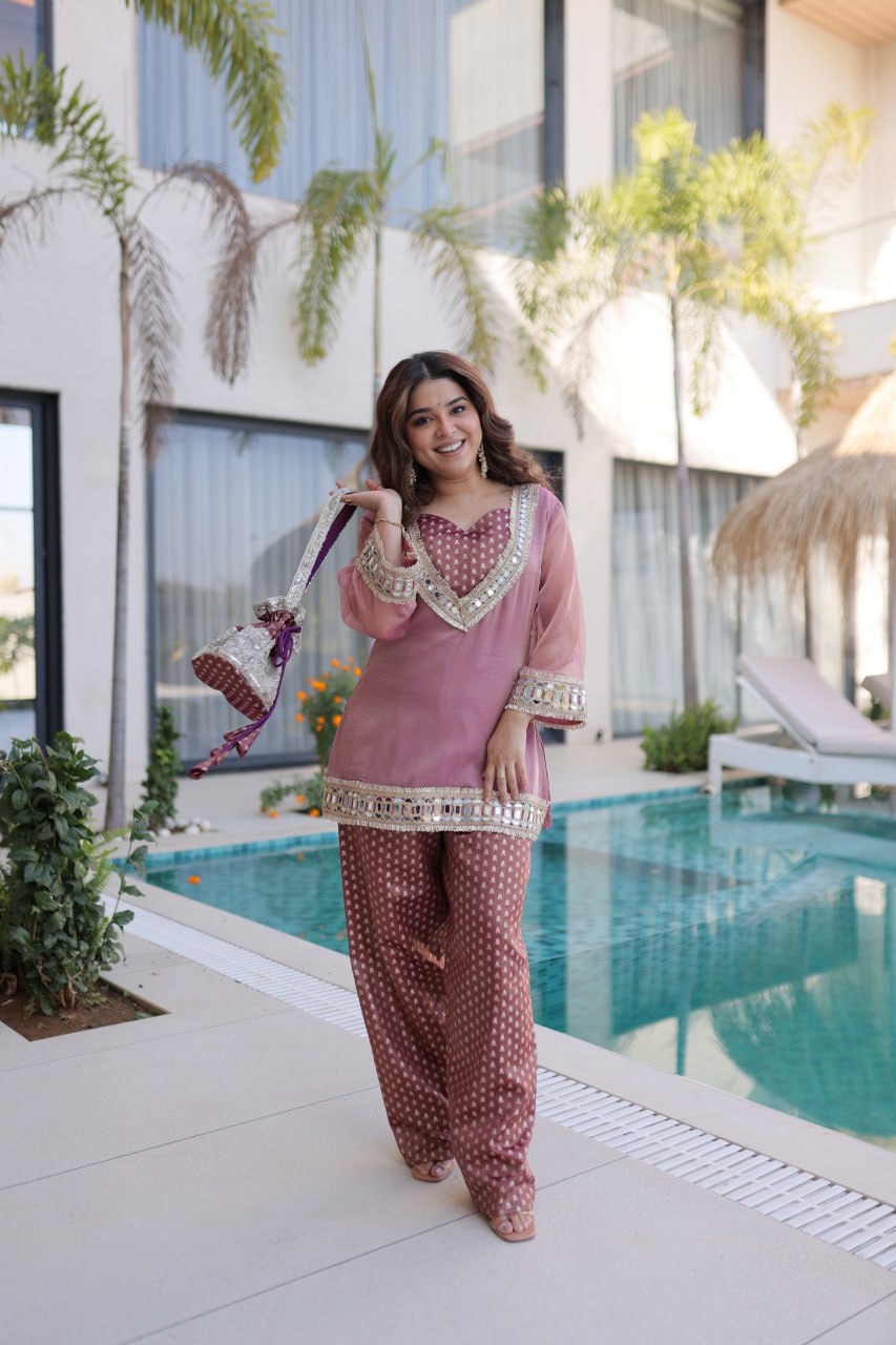 Peach Mirror Work Top Pant Set with Batwa