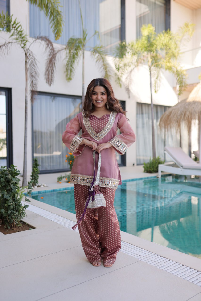 Peach Mirror Work Top Pant Set with Batwa