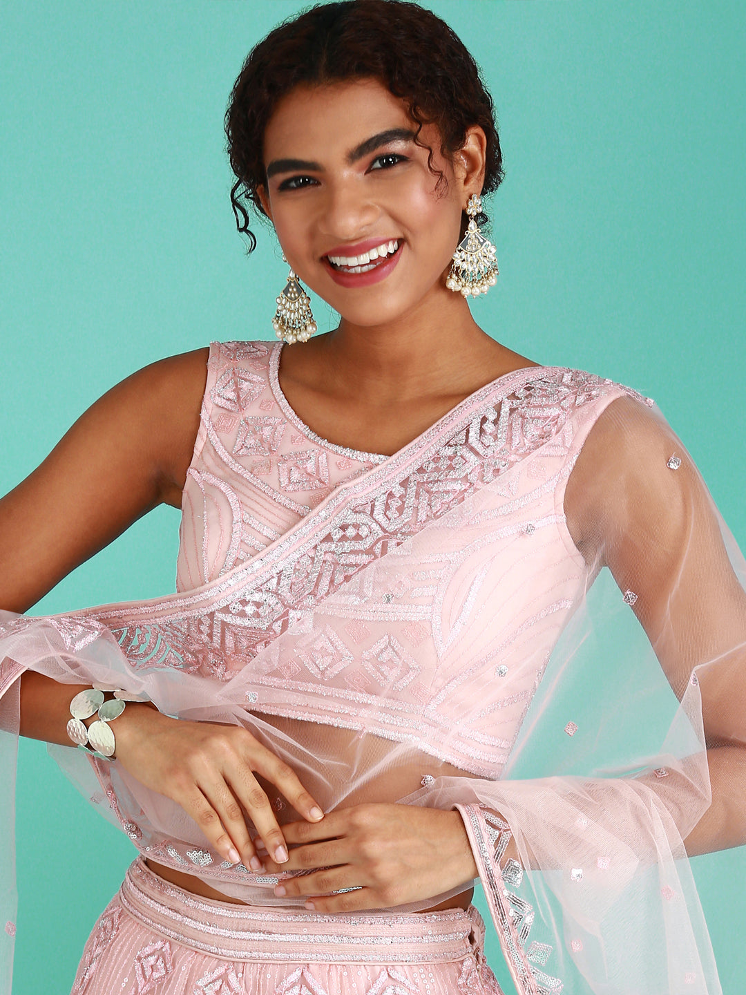 Peach Net Gotapatti Work Semi-Stitched Lehenga & Unstitched Blouse, Dupatta
