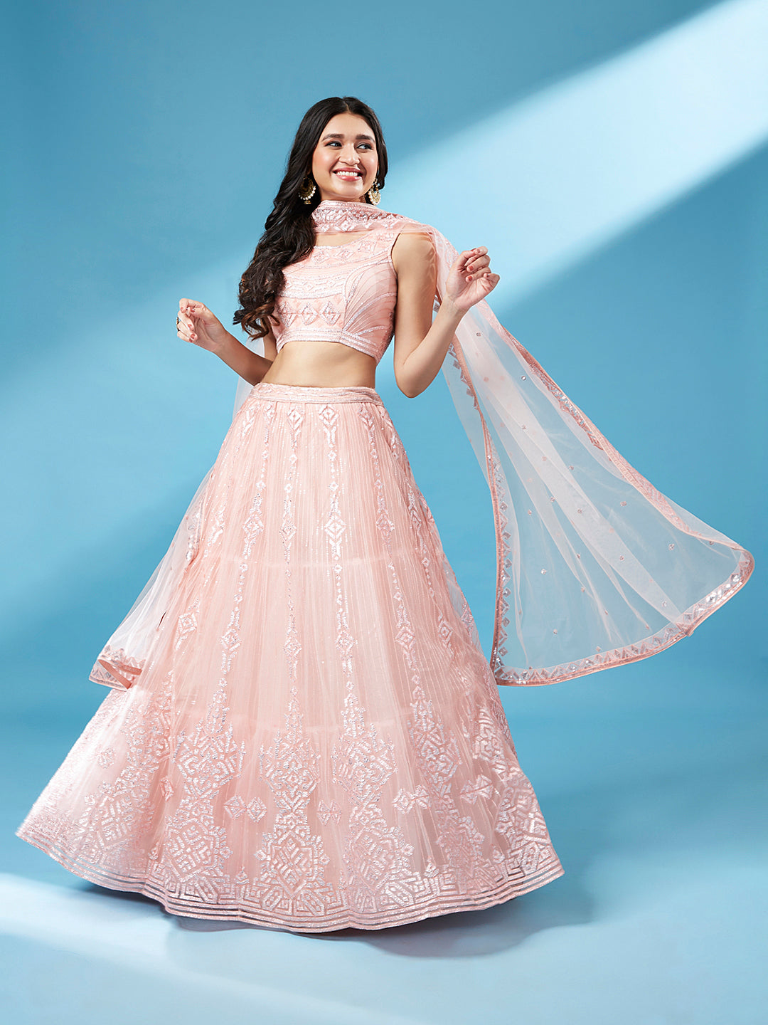 Peach Net Gotapatti Work Semi-Stitched Lehenga & Unstitched Blouse, Dupatta