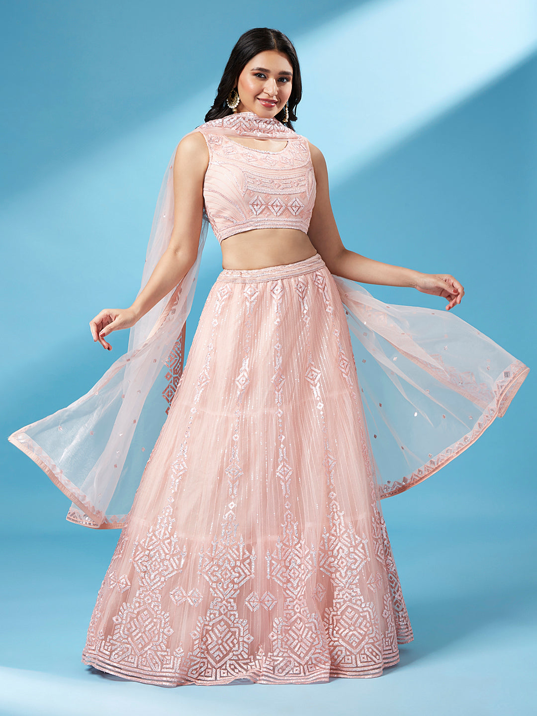 Peach Net Gotapatti Work Semi-Stitched Lehenga & Unstitched Blouse, Dupatta