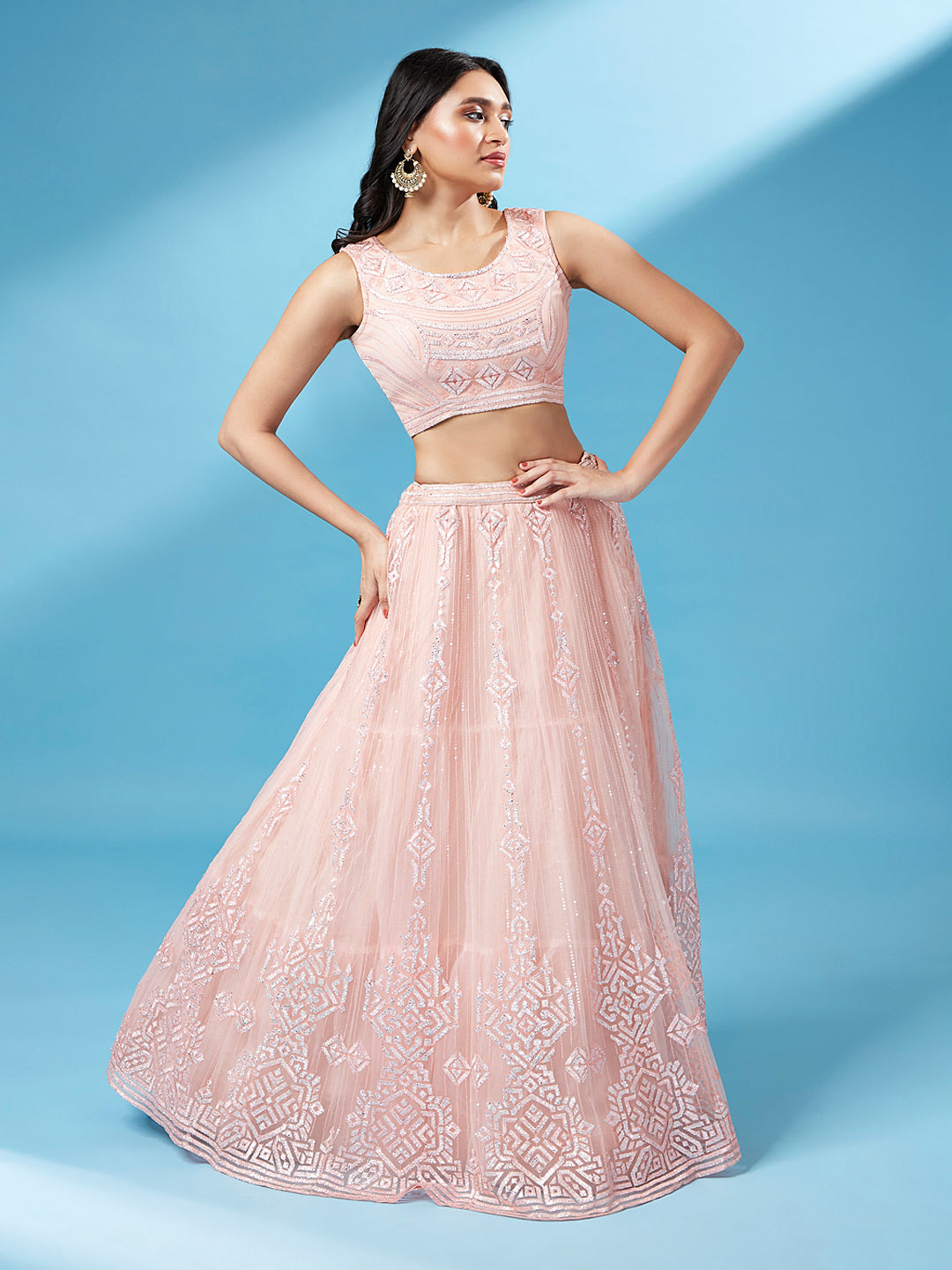 Peach Net Gotapatti Work Semi-Stitched Lehenga & Unstitched Blouse, Dupatta