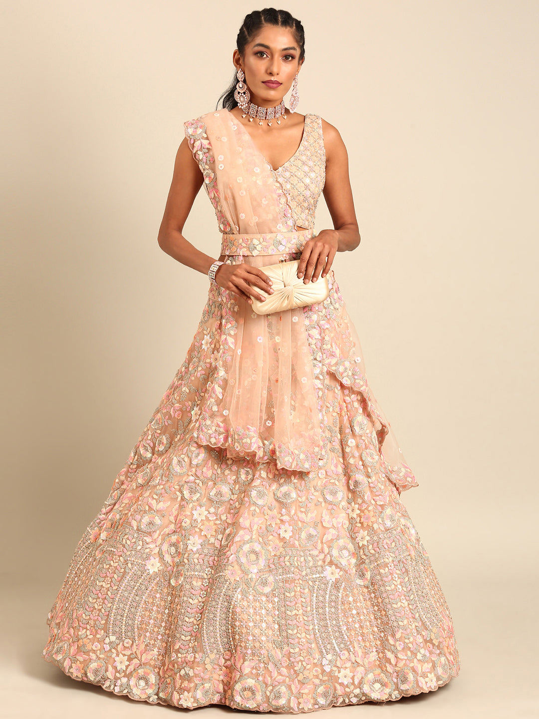 Peach Net Multi Sequins with heavy Zarkan embroidery Semi-Stitched Lehenga choli & Dupatta