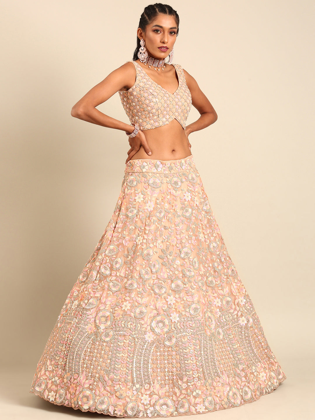 Peach Net Multi Sequins with heavy Zarkan embroidery Semi-Stitched Lehenga choli & Dupatta