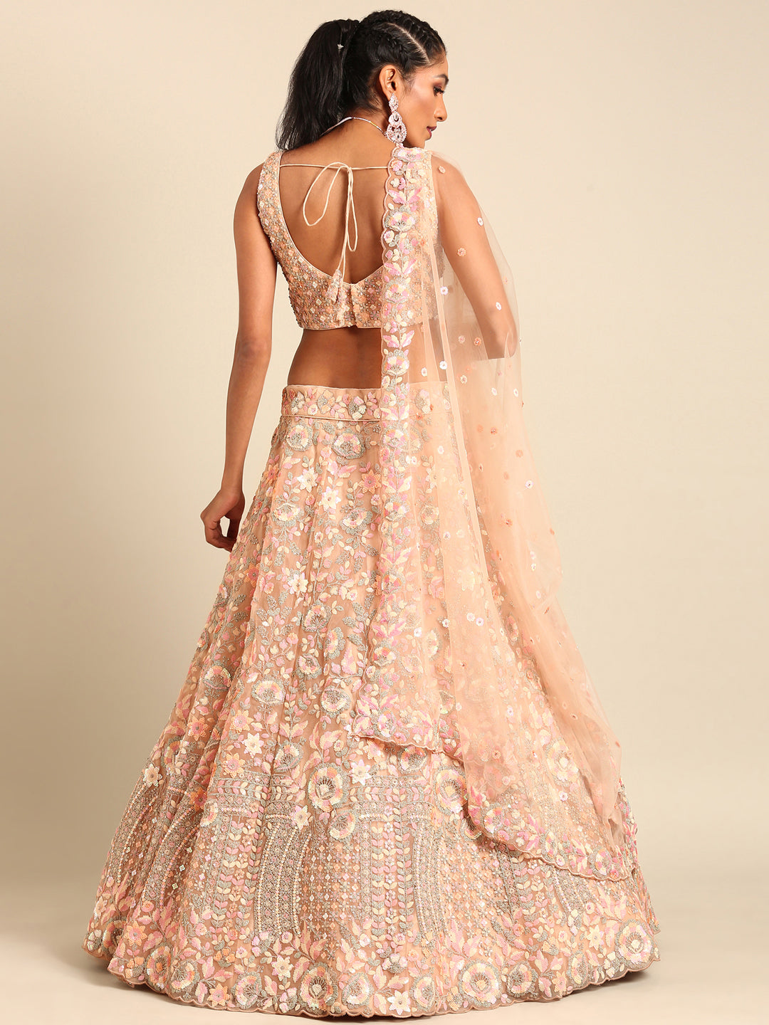 Peach Net Multi Sequins with heavy Zarkan embroidery Semi-Stitched Lehenga choli & Dupatta