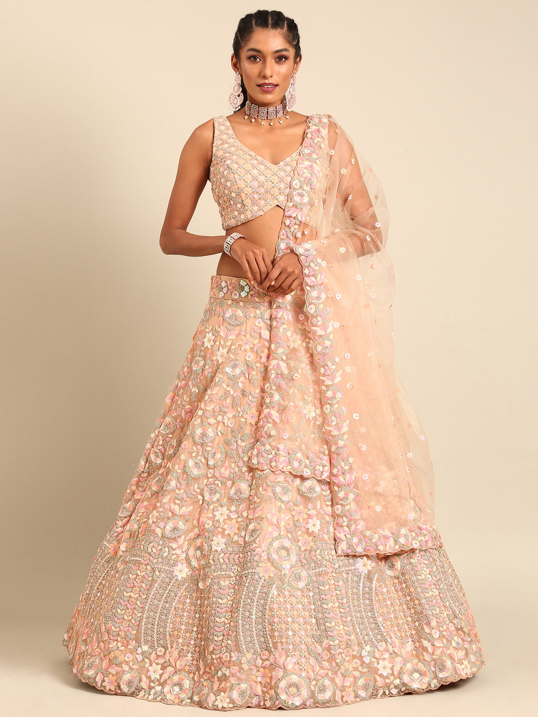 Peach Net Multi Sequins with heavy Zarkan embroidery Semi-Stitched Lehenga choli & Dupatta