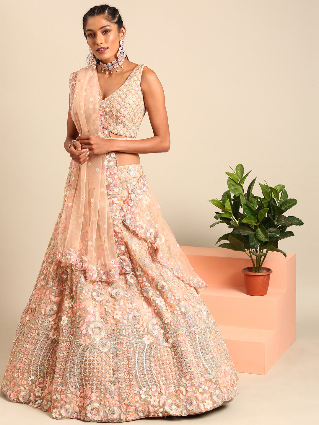 Peach Net Multi Sequins with heavy Zarkan embroidery Semi-Stitched Lehenga choli & Dupatta